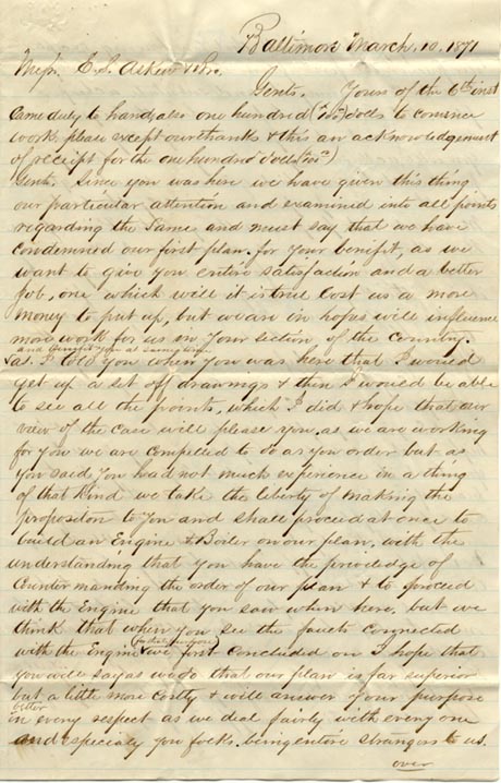 Page 1 of letter from E. H. Frazier & Co. to E. S. Askew & Brother, March 10, 1871
